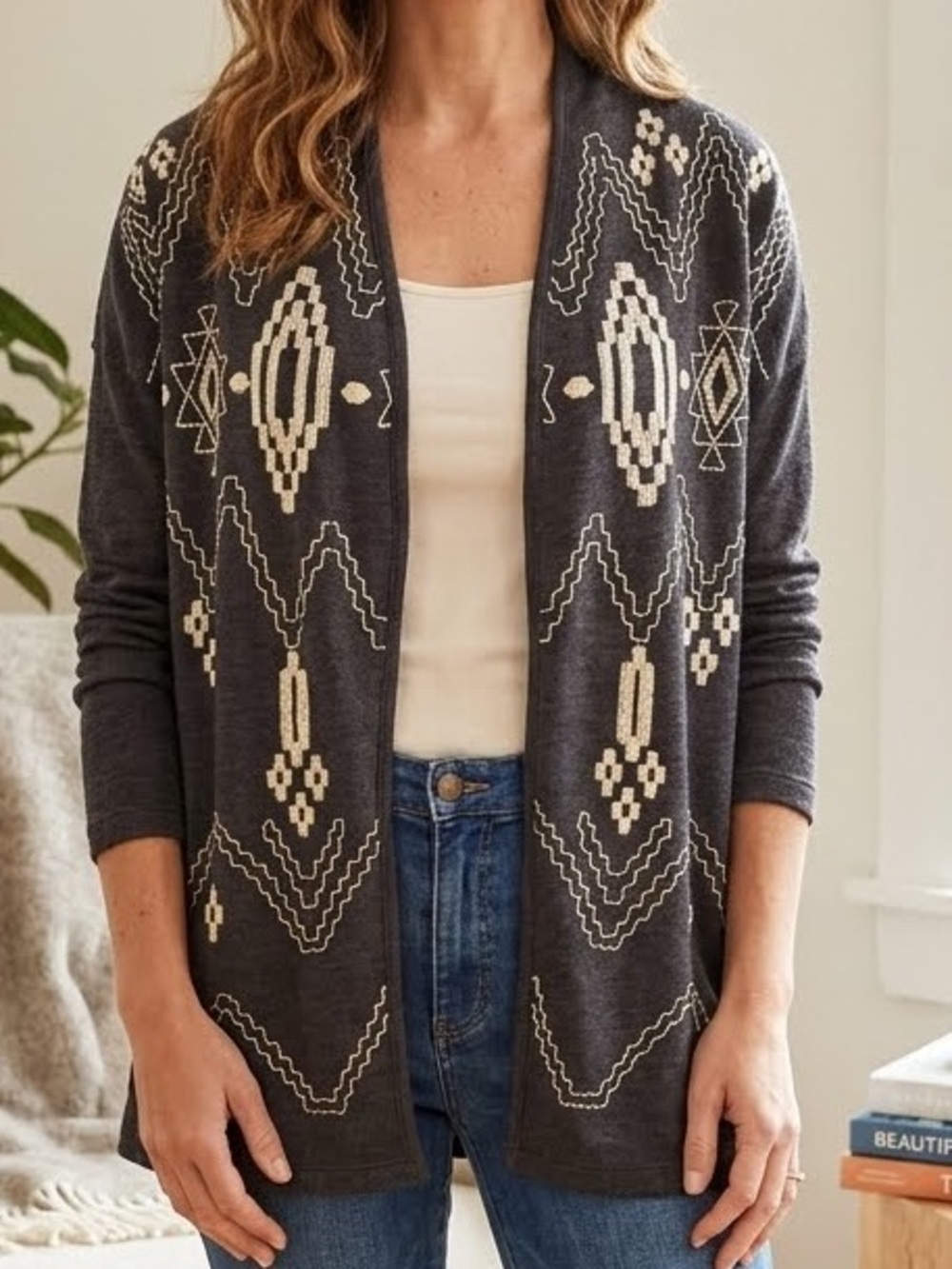 Lucky Bliss California Cardigan Sweater Gray Cream Aztec Geometric Embroidery Sm